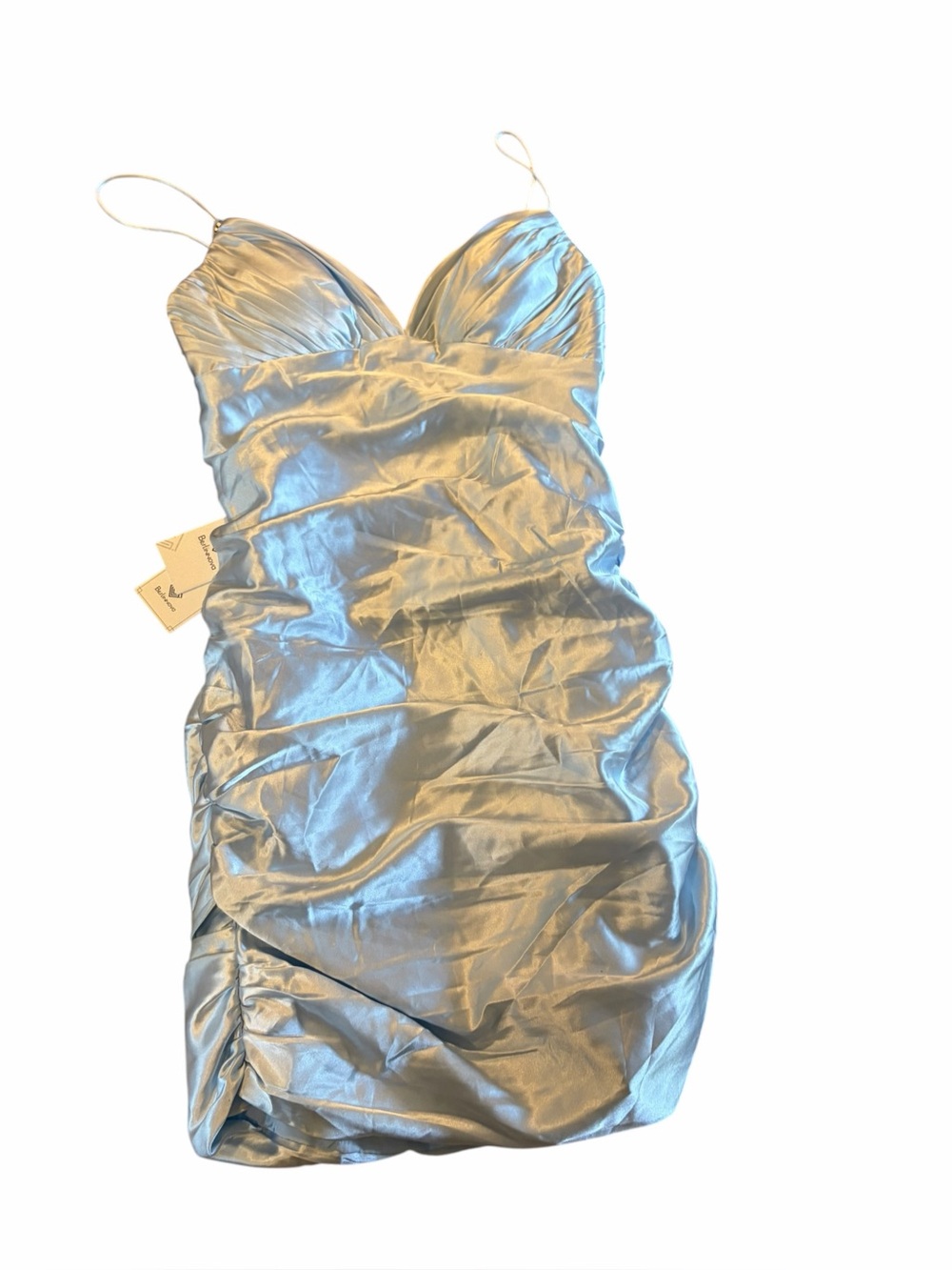 BERLINNOVA NWT Silver Blue Lace Up Satin Ruched Mini Dress